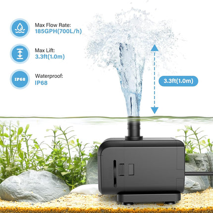 6W Aquarium Water Pump Adjustable Flow Ultra Quiet Submersible Fountain for Fish Tanks