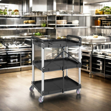 3-Tier Plastic Serving Trolley with Aluminum Frame for Restaurant and Kitchen Service