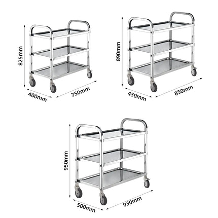 3-Tier Stainless Steel Service Trolley with 4-Inch Wheels for Kitchen and Restaurant Use