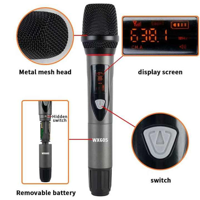 Portable UHF Dual Wireless Microphone Set with Receiver & Charging Cable