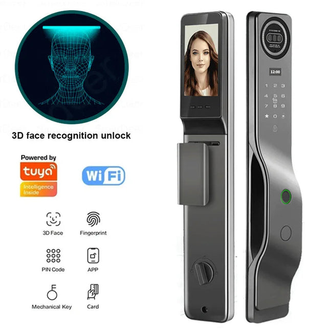 Matte Black Smart Electronic Door Lock for Wooden & Metal Doors – Facial Recognition, Password, Card, Dual Battery