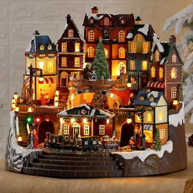 LED Christmas Village Display with Rotating Tree and Music – Festive Holiday Decoration