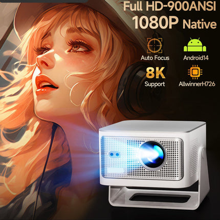 Wireless Smart Projector 8K Playback Auto Screen Detection Android 14 White