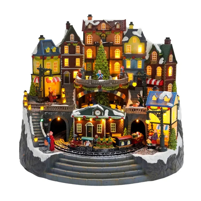 LED Christmas Village Display with Rotating Tree and Music – Festive Holiday Decoration