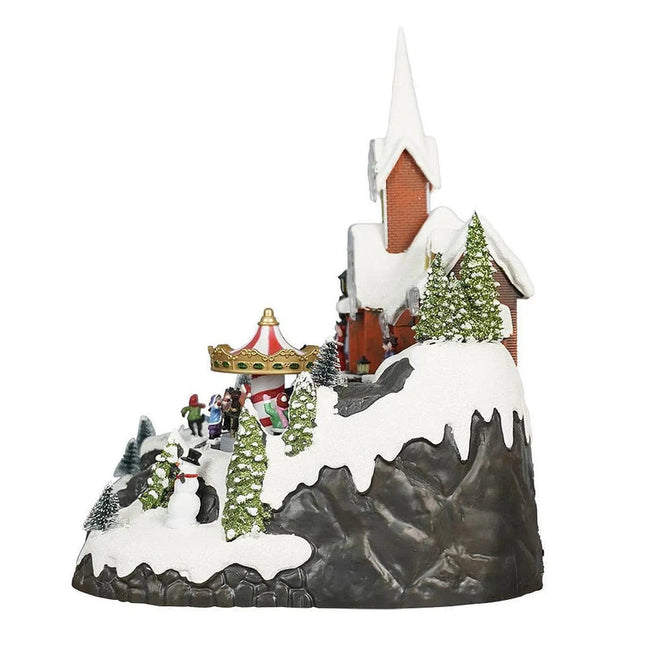 LED Christmas Village Display with Rotating Tree, Fiber Optic Lights, and Music Decoration