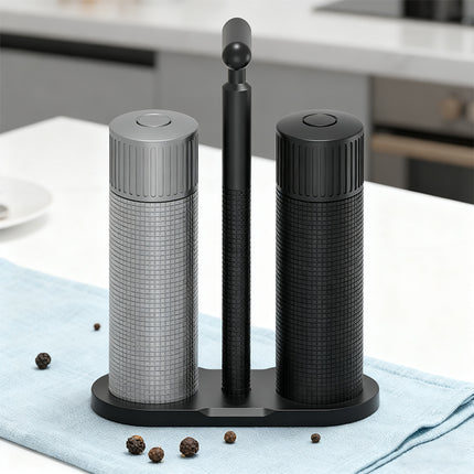 Heavy Duty Salt and Pepper Mill Set with Aluminum Body Metal Base and Cleaning Brush