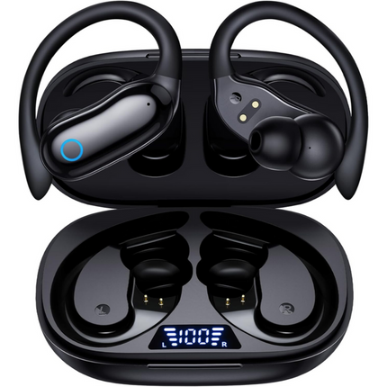 Cordless Sports Wireless Earbuds with Ear Hooks 48H Battery IPX7 Waterproof Black