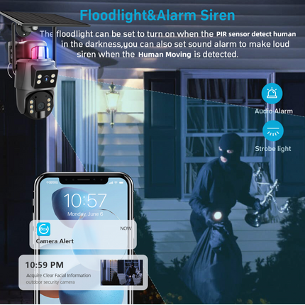 Outdoor 4G Solar Camera Dual Lens 3MP+3MP Rechargeable with AI Motion Alerts & Color Night Vision