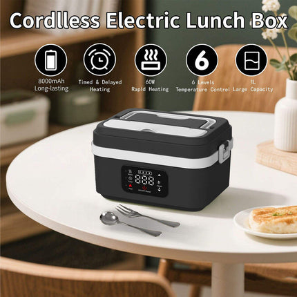 Portable Cordless Electric Lunch Box with 8000mAh Battery, Insulated Stainless Steel Bowl, and Power Bank Function