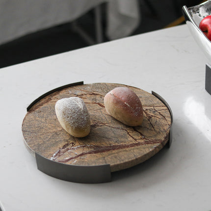Elegant Round Marble Plate with Metal Stand – Tabletop Dining and Serving Tray