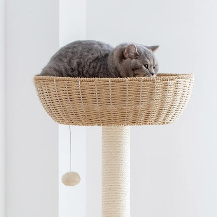 Multilayer Indoor Cat Climbing Tower with Scratching Posts and Woven Rattan Huts