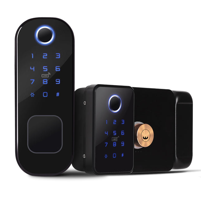 Digital Fingerprint Rim Lock with Keypad Card App Access for Wood Doors