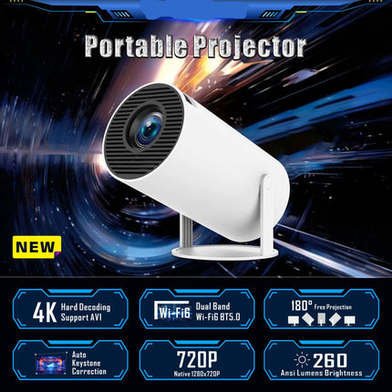 Compact Smart Mini Projector 720P with Android 14, WiFi 6, LED Display & 8K Playback Support