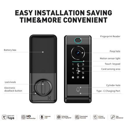 Wireless Smart Door Lock with Fingerprint Password Card Key Access and Built-In Camera