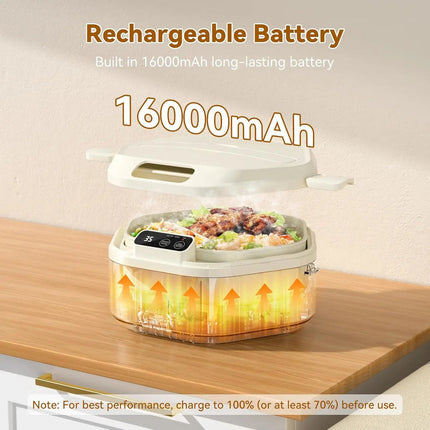 Portable 1L Electric Lunch Box with 16000mAh Rechargeable Battery and Ceramic 3-Section Food Tray