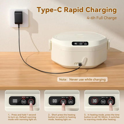 Portable 1L Electric Lunch Box with 16000mAh Rechargeable Battery and Ceramic 3-Section Food Tray