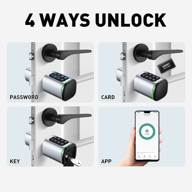 Keyless Electronic Lock Cylinder with App Control, Password Code & Key Access, Aluminium Alloy Build