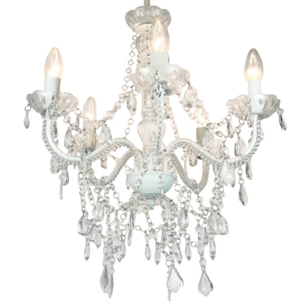 5 Light Crystal Bead Ceiling Pendant Chandelier White Frame E14 Socket 52cm