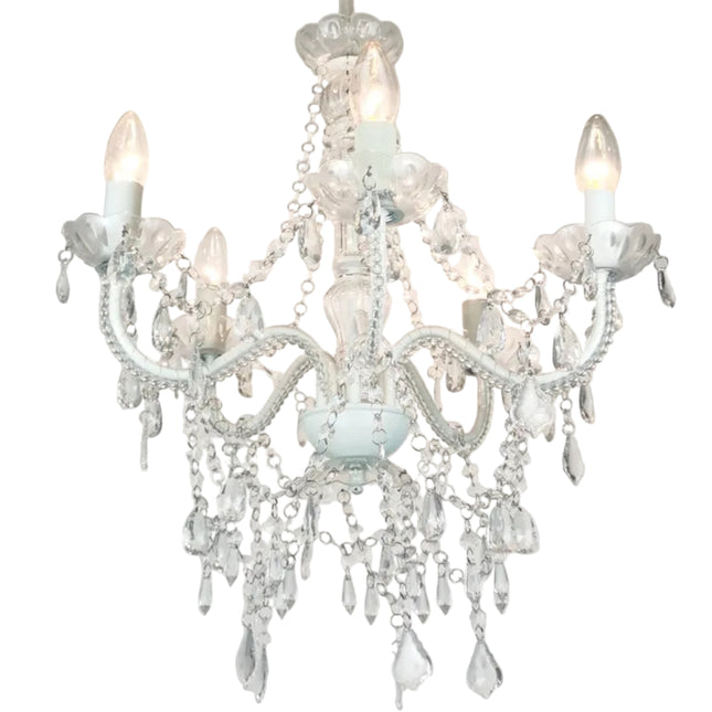 5 Light Crystal Bead Ceiling Pendant Chandelier White Frame E14 Socket 52cm