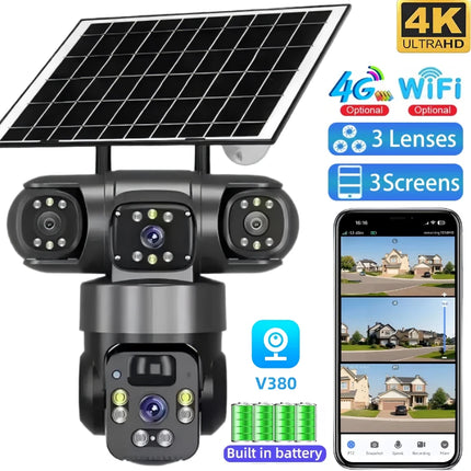 6MP Solar PTZ Security Camera Triple Lens 4G with Color Night Vision