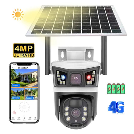 Solar Wireless PTZ Camera Dual Lens 4MP Night Vision 3 Screen Solar Powered