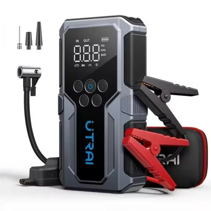 12V Portable Car Jump Starter with Digital Screen, Power Bank & Built-In Air Pump