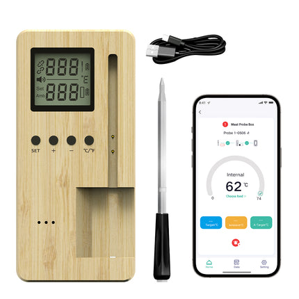 Smart Wireless BBQ Meat Thermometer with Wooden Charging Base Rechargeable Probe