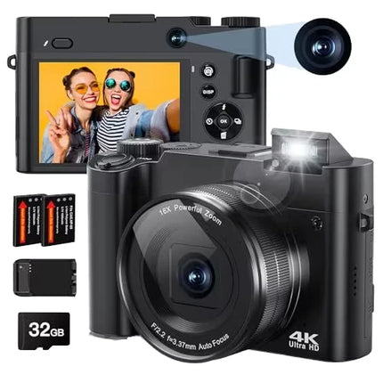 Compact 4K Digital Camcorder with 16X Zoom, 64MP Image Output, WiFi Sharing & Rotating Screen