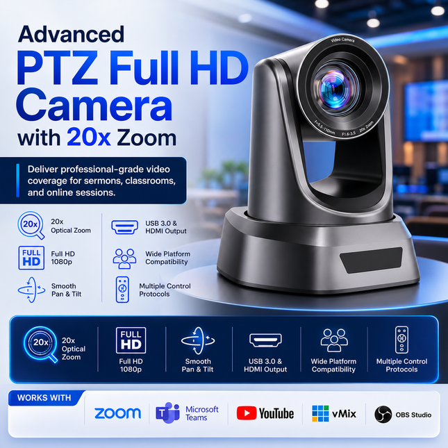 Advanced PTZ Full HD Camera with 20x Zoom for Meetings, Education & Live Streaming