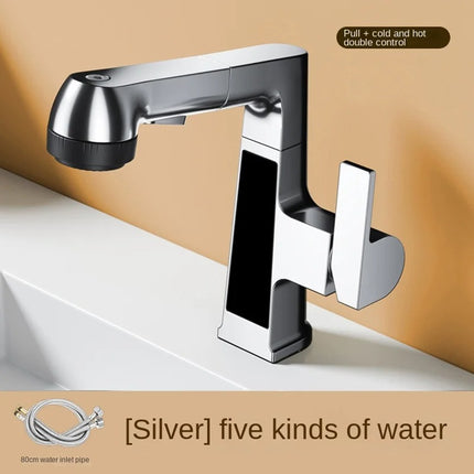 LED Temperature Display Pull Out Basin Faucet 5 Mode Spray 360° Rotating Hot and Cold Mixer