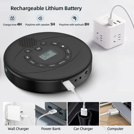 Portable Rechargeable CD Player with Built-In Speaker, USB & AUX Input, LCD Display, 1500mAh Battery