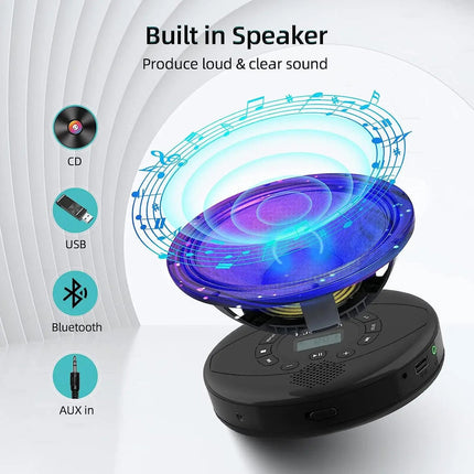 Portable Rechargeable CD Player with Built-In Speaker, USB & AUX Input, LCD Display, 1500mAh Battery