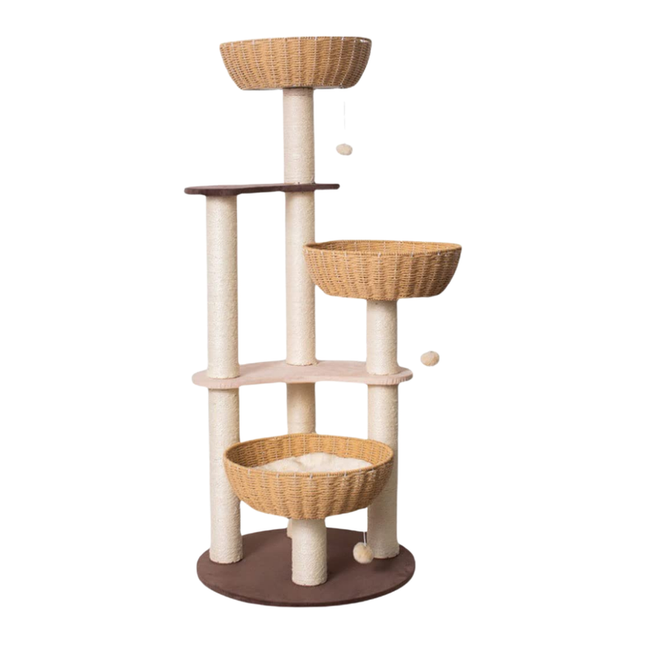 Multilayer Indoor Cat Climbing Tower with Scratching Posts and Woven Rattan Huts