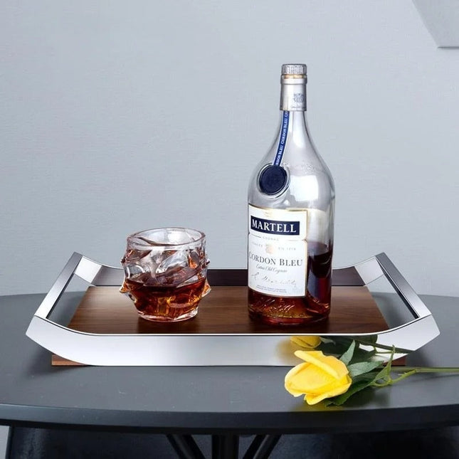 Walnut Serving Tray with Stainless Steel Holder – Large Kitchen, Hotel, and Home Decor Tray