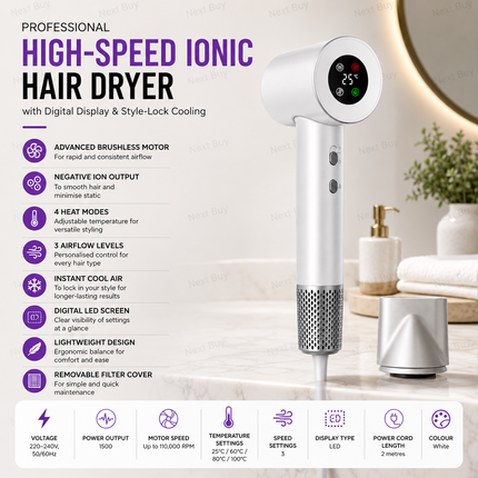 Professional High-Speed Ionic Hair Dryer with Digital Display & Style-Lock Cooling