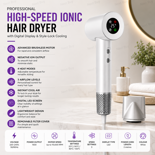 Professional High-Speed Ionic Hair Dryer with Digital Display & Style-Lock Cooling