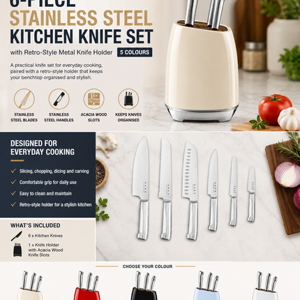 6-Piece Stainless Steel Kitchen Knife Set with Retro-Style Metal Knife Holder - 5 Colours