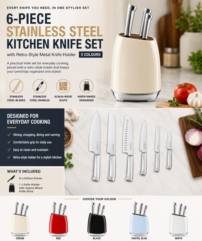 6-Piece Stainless Steel Kitchen Knife Set with Retro-Style Metal Knife Holder - 5 Colours