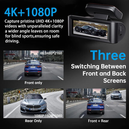 Dual Lens 4K Front + 1080P Rear Dash Camera with WiFi & Car Charger – Black