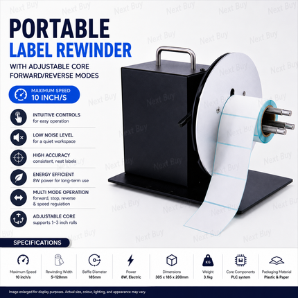 Portable Label Rewinder with Adjustable Core Forward/Reverse Modes 10in/s Black