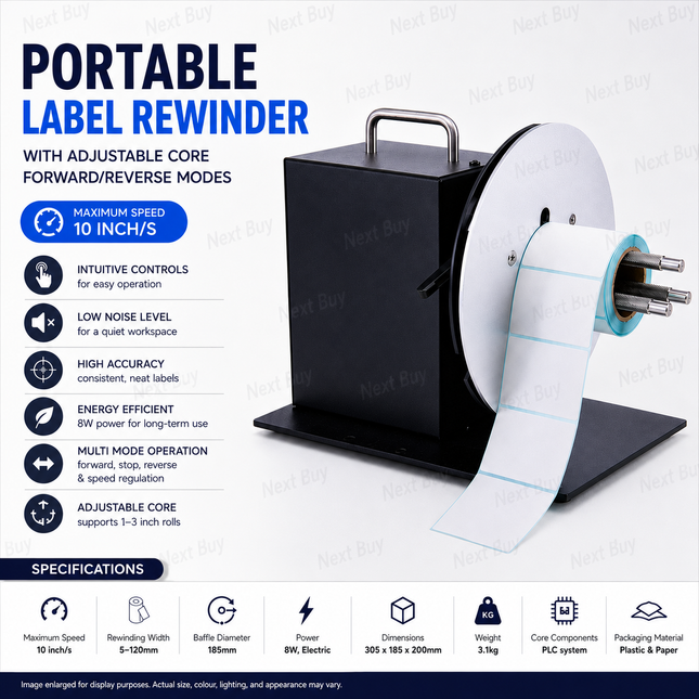 Portable Label Rewinder with Adjustable Core Forward/Reverse Modes 10in/s Black