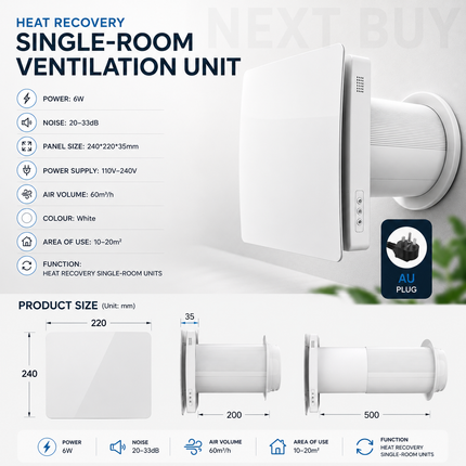 Wall Mounted Heat Recovery Ventilation Unit for Single Room, 60m³/h Airflow