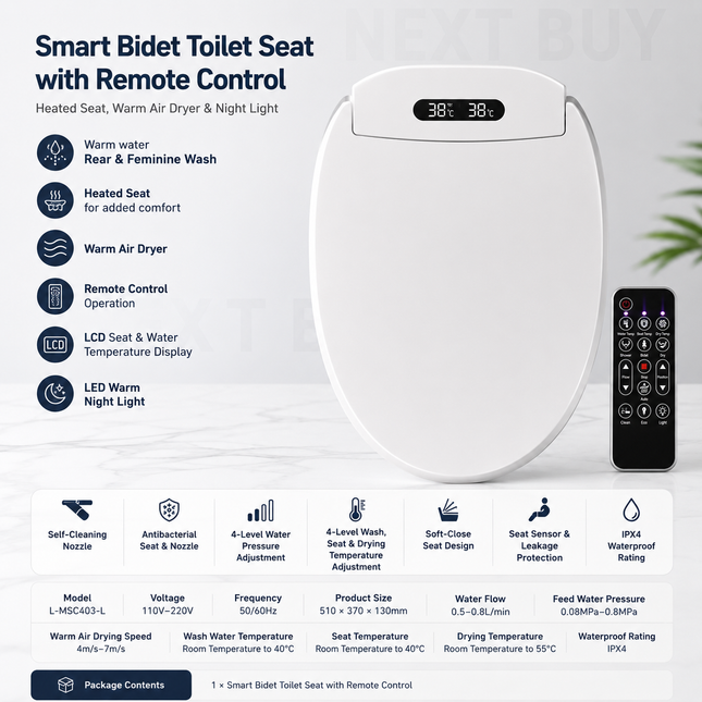 Smart Bidet Toilet Seat with Warm Seat, Dual Wash, Drying Function, and Remote Control