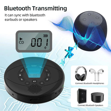 Portable Rechargeable CD Player with Built-In Speaker, USB & AUX Input, LCD Display, 1500mAh Battery