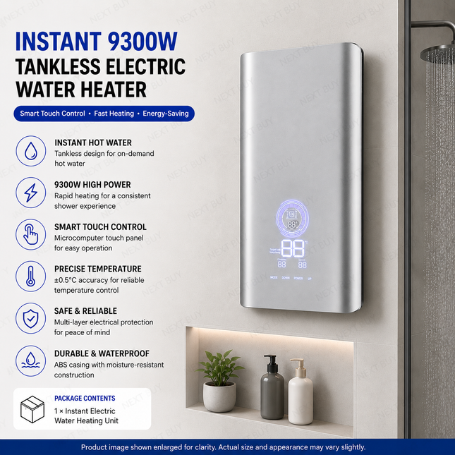 Instant 9300W Tankless Electric Water Heater for Indoor Showers – Smart Touch Control, Fast Heating, Energy-Saving