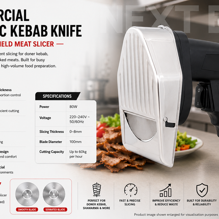 Commercial Electric Kebab Knife 80W Handheld Meat Slicer 100mm Blade Adjustable 0–8mm