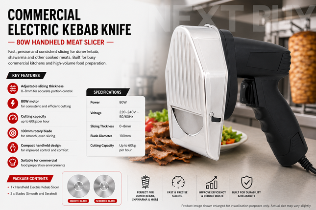Commercial Electric Kebab Knife 80W Handheld Meat Slicer 100mm Blade Adjustable 0–8mm