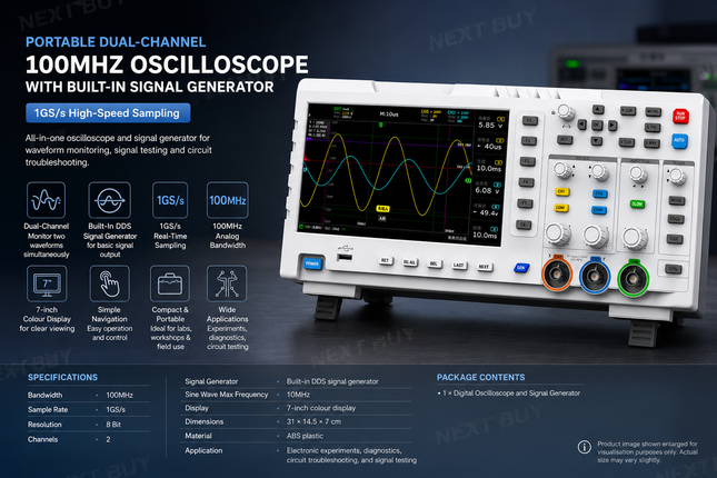 Portable Dual-Channel 100MHz Oscilloscope with Built-In Signal Generator – 1GS/s High-Speed Sampling