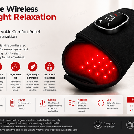 Portable Wireless Red Light Relaxation Belt for Wrist and Ankle Comfort Relief and Muscle Relaxation
