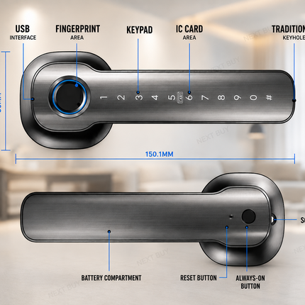 Smart Fingerprint Door Handle Lock with Bluetooth, Passcode, IC Card & Key Access